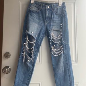 Forever 21 pearl/beaded ripped mom jeans